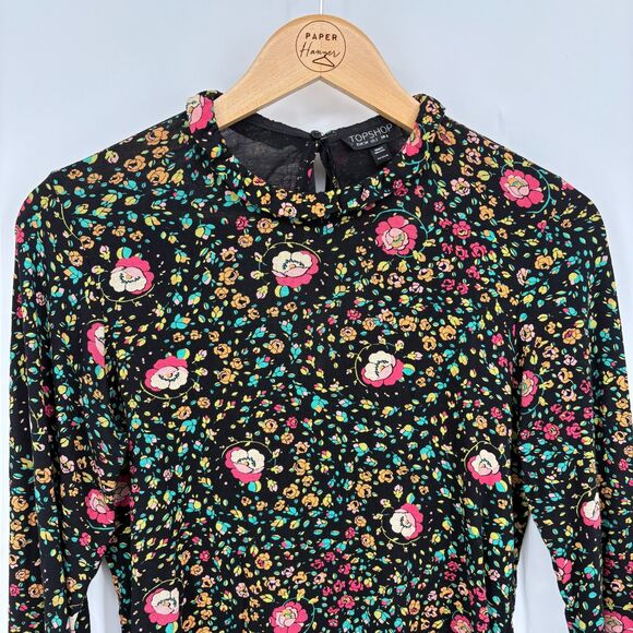 Topshop Floral Bell Sleeve Stretch Knit Boho Top Sz 2, Tie Back Hippie Whimsical - Picture 4 of 10